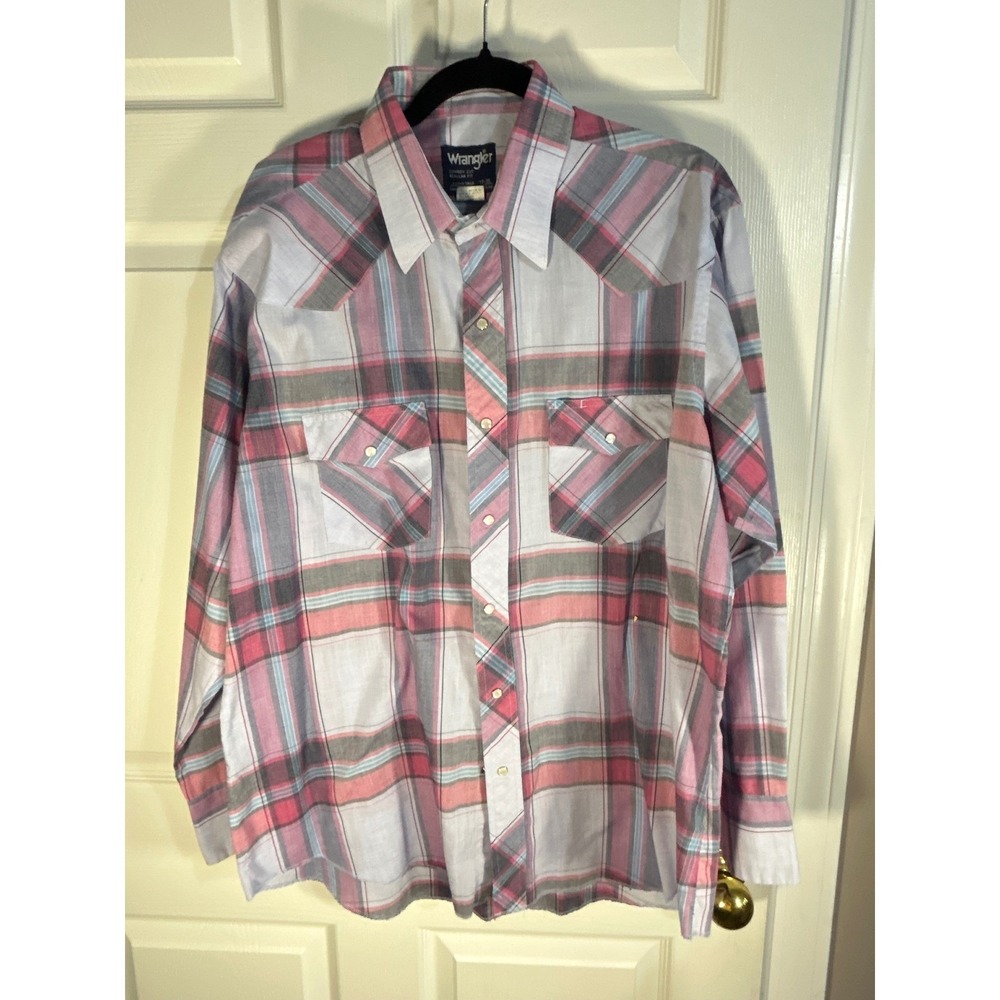 Wrangler Cowboy Cut Western Shirt Mens 17-35 Grey Pink Plaid Pearl Snap 71125AA - Picture 4 of 10